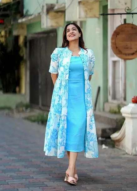 Sky Blue Floral Jacket Layered Midi Dress