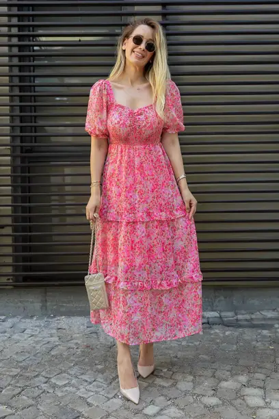 Pink Floral Tiered Puff-Sleeve Maxi Dress