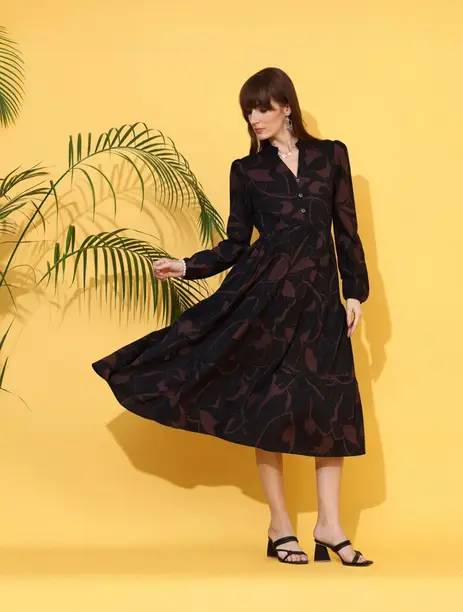 Black & Brown Leaf-Print Shirt Midi Dress