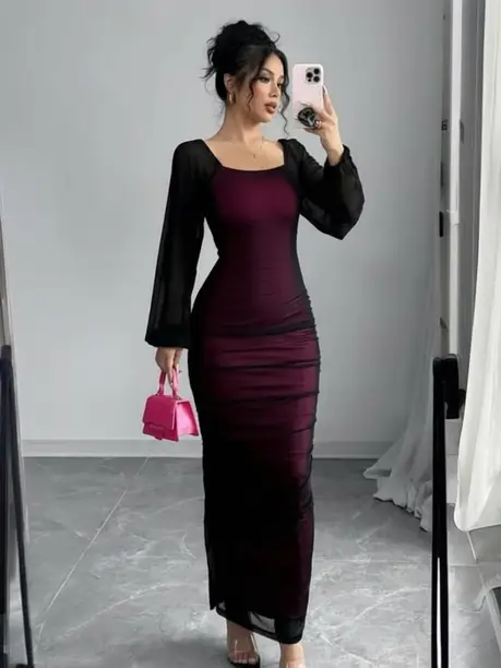 Wine & Black Mesh Ruched Bodycon Maxi Dress