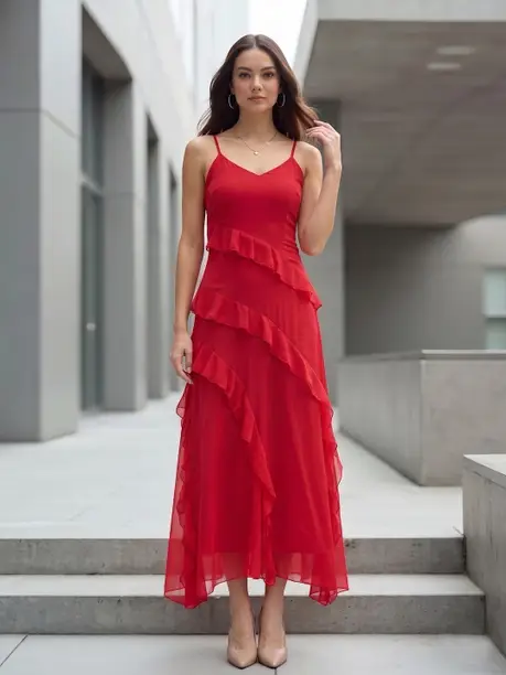 Scarlet Red Asymmetric Ruffle Midi Dress