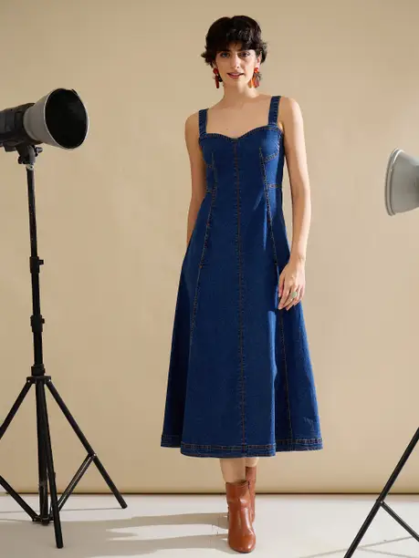 Indigo Denim Sweetheart Flared Midi Dress