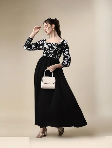 Black & White Floral Yoke Flared Maxi Dress