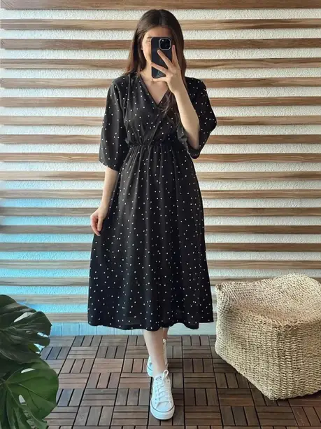 Black Polka Dot V-Neck Midi Dress
